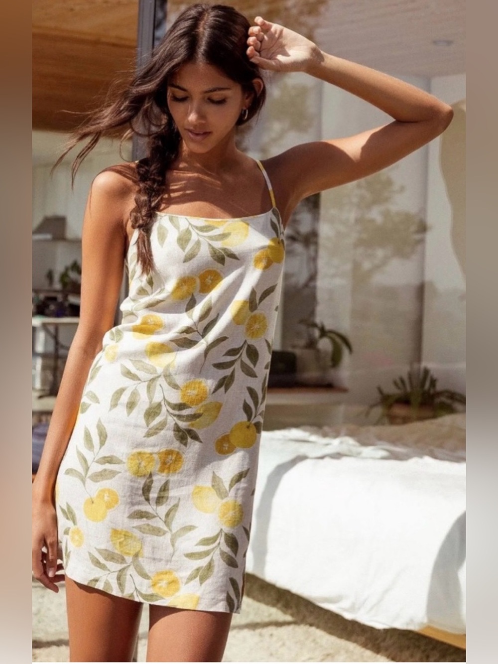Z Supply Raelyn Citrus Linen Blend Mini Dress Yellow Lemon Print SZ M Beachy - Picture 2 of 8